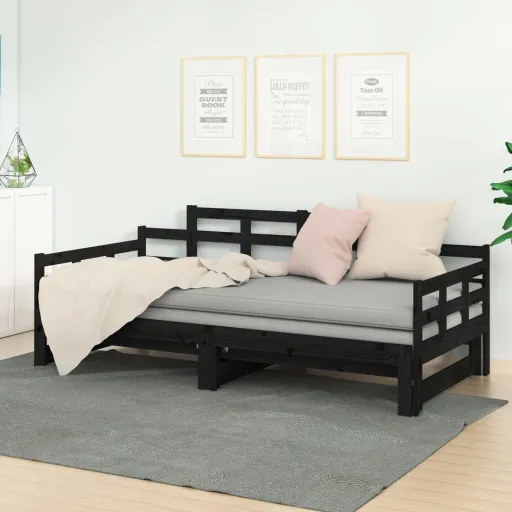 Estrutura Sofá-Cama de Puxar Pinho Maciço Preto 2x(90x190) cm