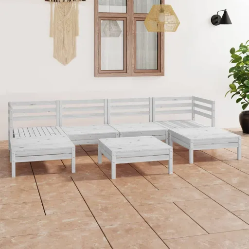 Conjunto Lounge de Jardim Pinho Maciço Branco (7 pcs)