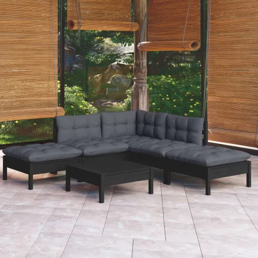 Conjunto Lounge de Jardim c/ Almofadões Pinho Preto (6 pcs)