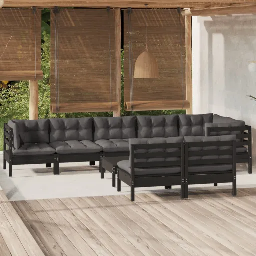 Conjunto Lounge Jardim c/ Almofadões Pinho Maciço Preto (9 pcs)