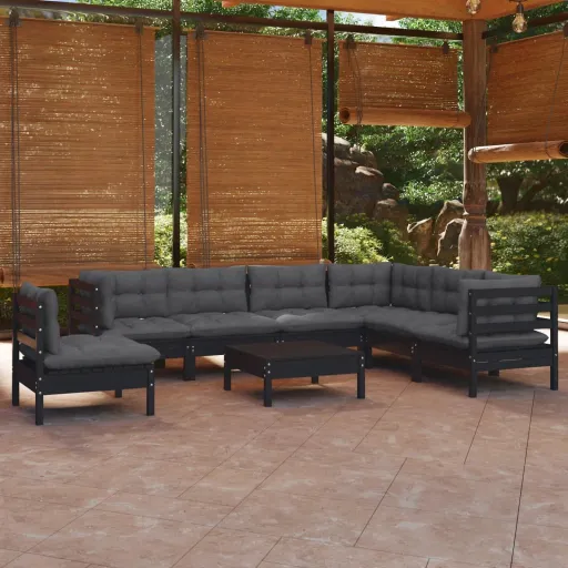 Conjunto Lounge Jardim c/ Almofadões Pinho Maciço Preto (8 pcs)