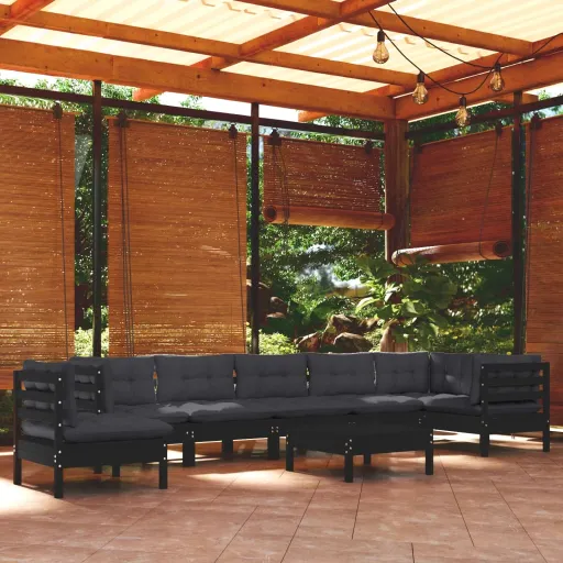 Conjunto Lounge Jardim c/ Almofadões Pinho Maciço Preto (9 pcs)