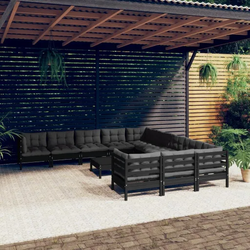 Conjunto Lounge de Jardim c/ Almofadões Pinho Preto (12 pcs)