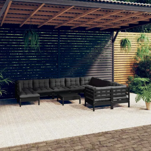 Conjunto Lounge de Jardim c/ Almofadões Pinho Preto (11 pcs)