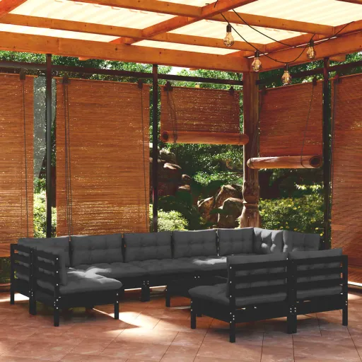 Conjunto Lounge Jardim c/ Almofadões Pinho Maciço Preto (10 pcs)