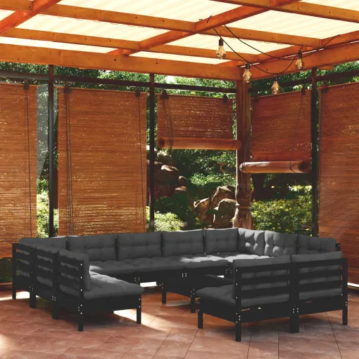 Conjunto Lounge Jardim c/ Almofadões Pinho Maciço Preto (12 pcs)