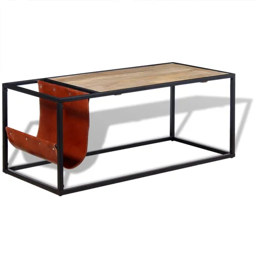 Mesa de Centro c/ Suporte de Revistas Pele Genuína 110x50x45 cm