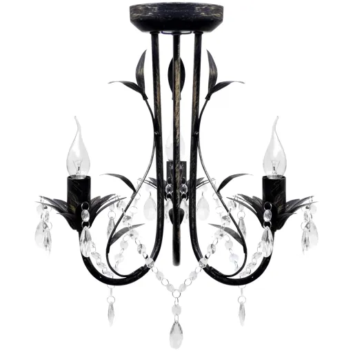 Candelabro Metal com Contas de Cristal, Preto, 3 x E14 Lâmpadas