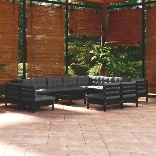 Conjunto Lounge Jardim c/ Almofadões Pinho Maciço Preto (13 pcs)