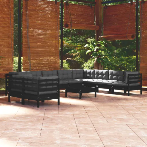 Conjunto Lounge Jardim c/ Almofadões Pinho Maciço Preto (11 pcs)