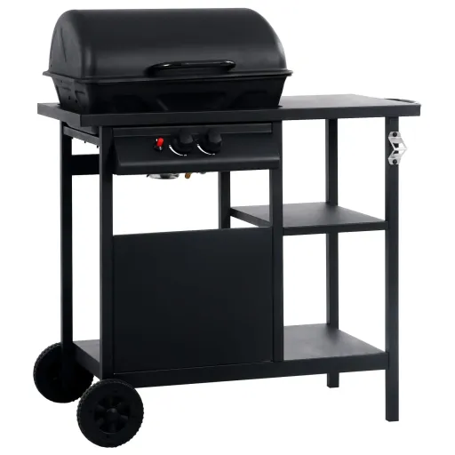 Grelhador/BBQ a Gás com Mesa de Apoio 3 Prateleiras Preto