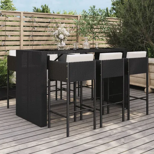 Conjunto de Bar para Jardim c/ Almofadões Vime PE Preto (7 pcs)