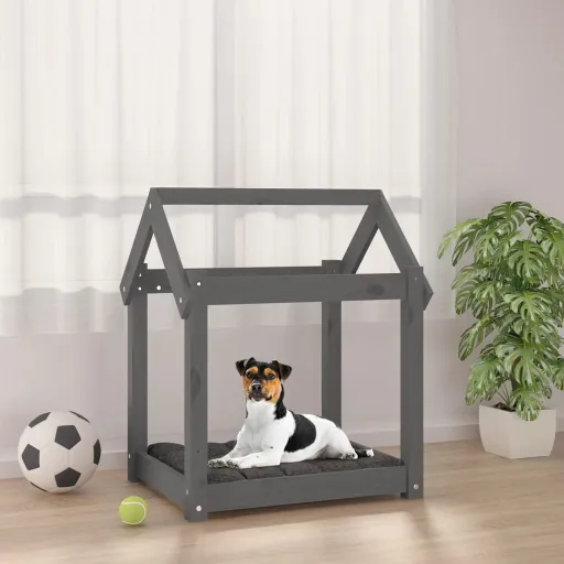 Cama para Cães 61x50x70 cm Madeira de Pinho Maciça Cinza