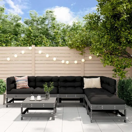 Conjunto Lounge Jardim c/ Almofadões Madeira Maciça Cinza (7 pcs)