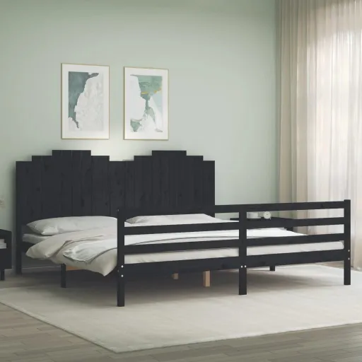 Estrutura de Cama com Cabeceira 200x200 cm Madeira Maciça Preto