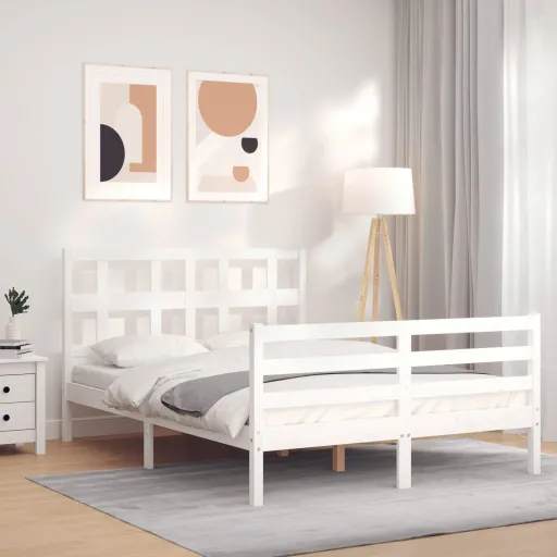 Estrutura de Cama com Cabeceira 140x190cm Madeira Maciça Branco