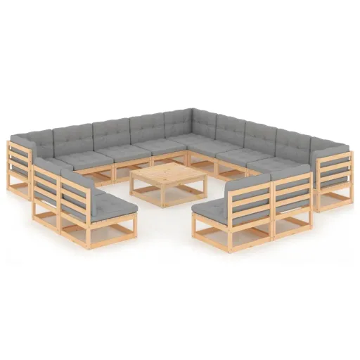 Conjunto Lounge de Jardim com Almofadões Pinho Maciço (14 pcs)