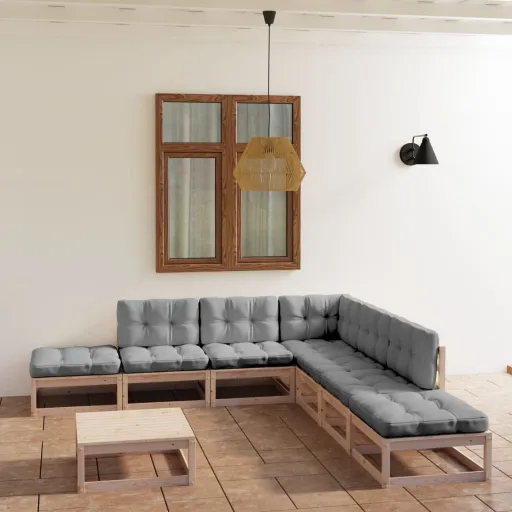 Conjunto Lounge de Jardim com Almofadões Pinho Maciço (8 pcs)