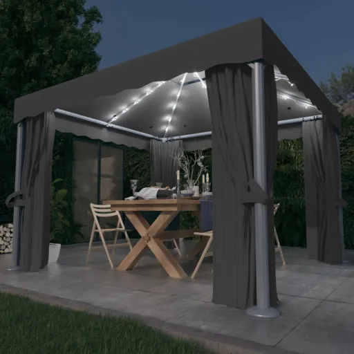 Gazebo com Cortinas e Cordões de Luzes LED 3x3 m Antracite