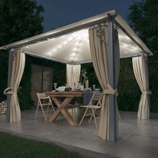 Gazebo com Cortinas e Cordões de Luzes LED 3x3m Alumínio Creme