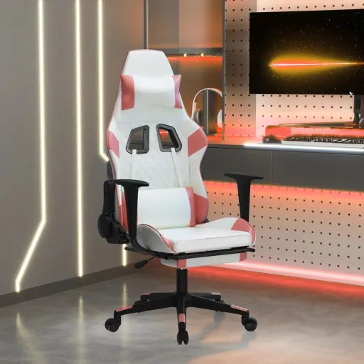 Cadeira Gaming Massagens c/ Apoio Pés Couro Artif. Branco/Rosa