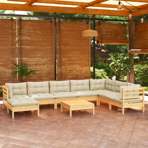 Conjunto Lounge Jardim c/ Almofadões Creme Pinho Maciço (9 pcs)