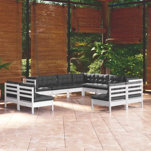 Conj. Lounge de Jardim c/ Almofadões Pinho Maciço Branco (11 pcs)