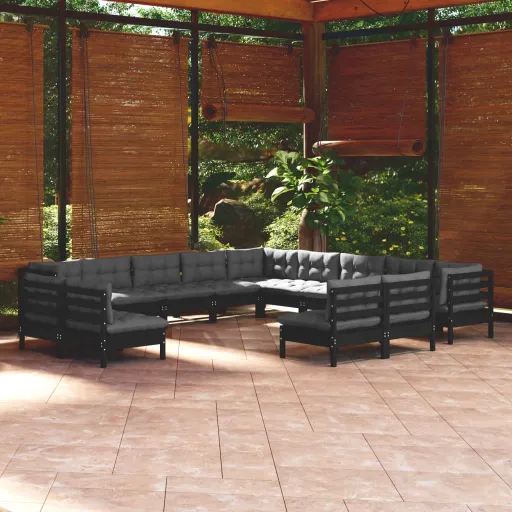 Conjunto Lounge Jardim c/ Almofadões Pinho Maciço Preto (13 pcs)