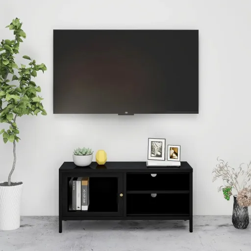 Móvel de TV 90x30x44 cm Vidro e Aço Preto