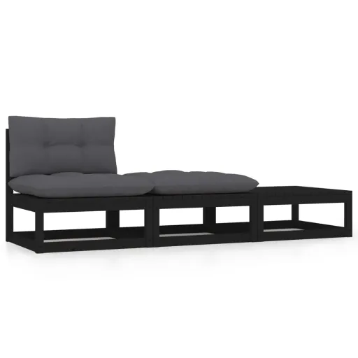 Conjunto Lounge de Jardim c/ Almofadões Pinho Maciço Preto (3 pcs)