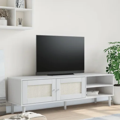 Móvel de TV SENJA Aspeto Vime 158x40x49 cm Pinho Maciço Branco