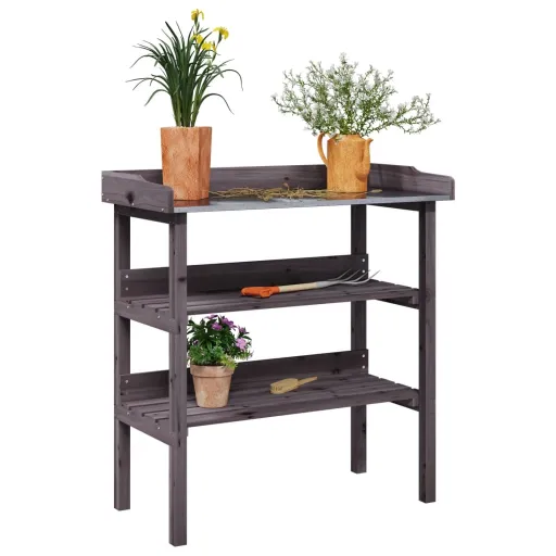 Mesa p/ Plantas c/ Prateleiras 78x38x82,5 cm Abeto Maciço Cinza