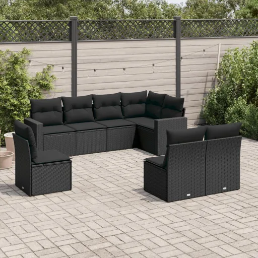 Conjunto Sofás de Jardim com Almofadões Vime PE Preto (8 pcs)