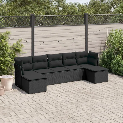 Conjunto de Sofás p/ Jardim c/ Almofadões Vime PE Preto (7 pcs)