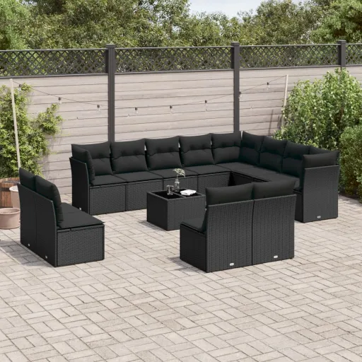 Conjunto de Sofás de Jardim com Almofadões Vime PE Preto (13 pcs)