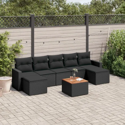 Conjunto Sofás de Jardim com Almofadões Vime PE Preto (8 pcs)