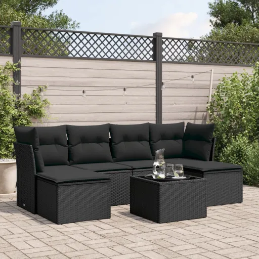 Conjunto de Sofás p/ Jardim c/ Almofadões Vime PE Preto (7 pcs)