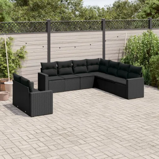 Conjunto de Sofás p/ Jardim c/ Almofadões Vime PE Preto (9 pcs)