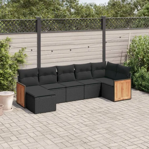 Conjunto de Sofás p/ Jardim c/ Almofadões Vime PE Preto (7 pcs)