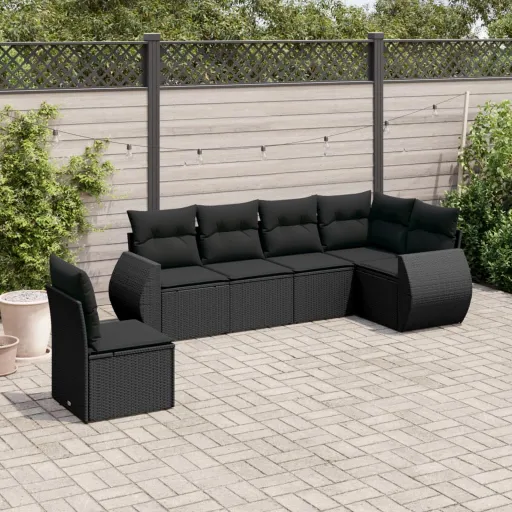 Conjunto Sofás de Jardim c/ Almofadões Vime PE Preto (6 pcs)