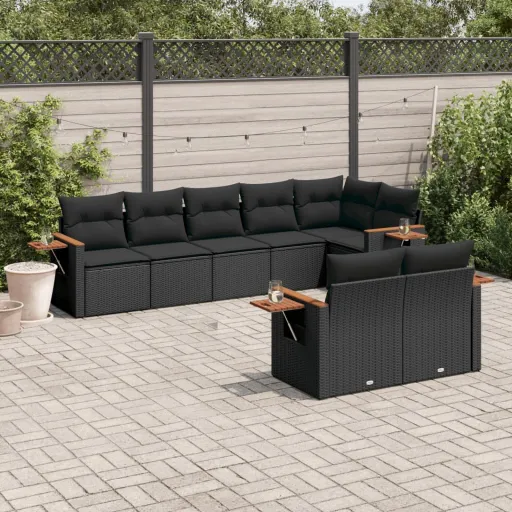 Conjunto Sofás de Jardim com Almofadões Vime PE Preto (8 pcs)