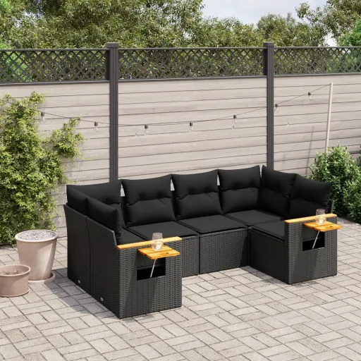 Conjunto Sofás de Jardim c/ Almofadões Vime PE Preto (6 pcs)