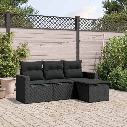 Conjunto de Sofás para Jardim c/ Almofadões Vime PE Preto (4 pcs)