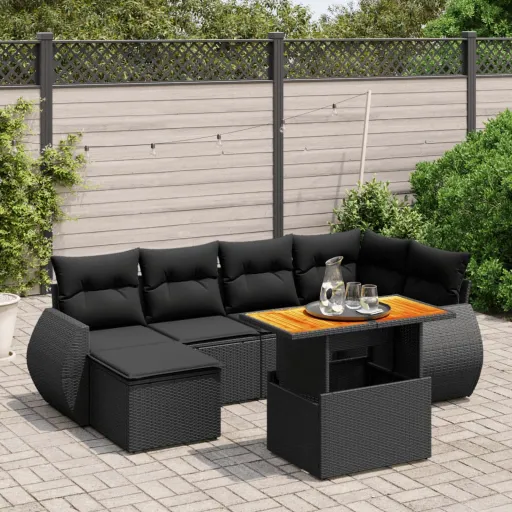 Conjunto de Sofás p/ Jardim c/ Almofadões Vime PE Preto (7 pcs)