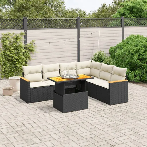 Conjunto de Sofás p/ Jardim c/ Almofadões Vime PE Preto (7 pcs)