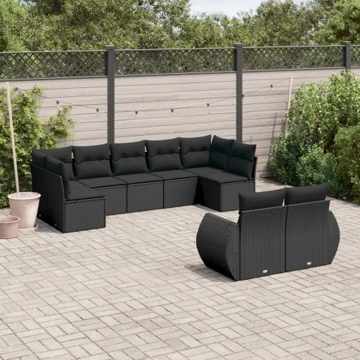 Conjunto de Sofás p/ Jardim c/ Almofadões Vime PE Preto (9 pcs)