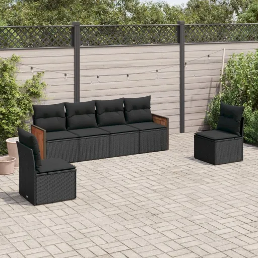 Conjunto Sofás de Jardim c/ Almofadões Vime PE Preto (6 pcs)