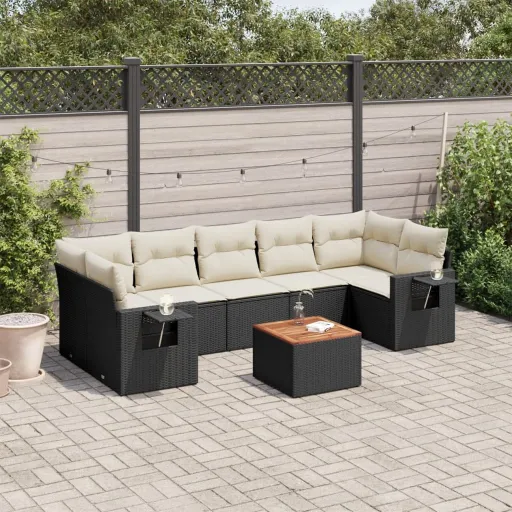 Conjunto Sofás de Jardim com Almofadões Vime PE Preto (8 pcs)