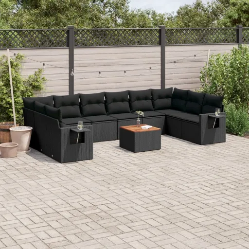 Conjunto Sofás de Jardim c/ Almofadões Vime PE Preto (11 pcs)