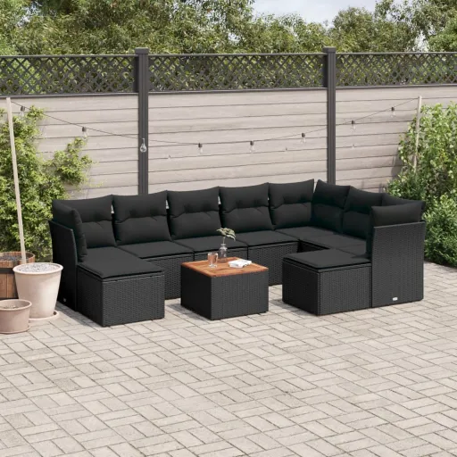 Conjunto Sofás de Jardim c/ Almofadões Vime PE Preto (10 pcs)